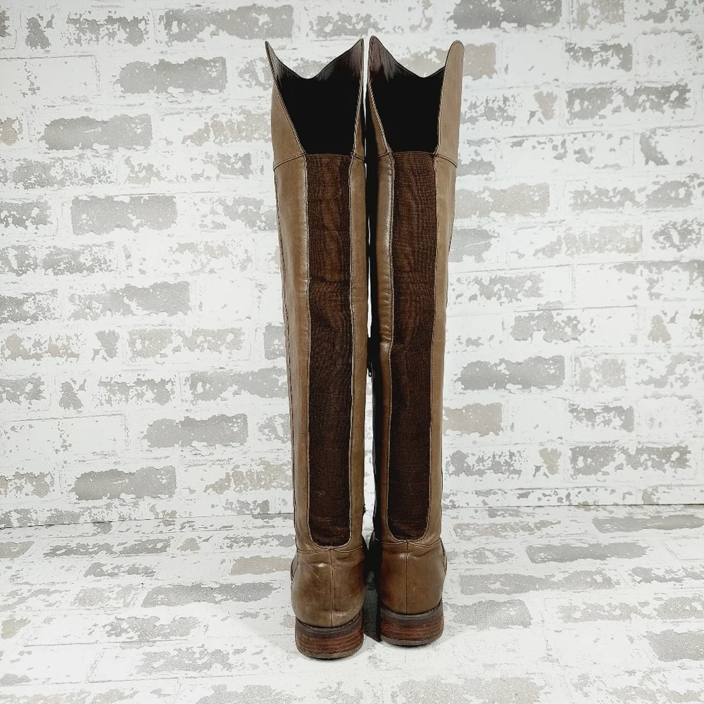 BP Brown Leather Side Zip Round Toe Low Heel Over the Knee Boots A768